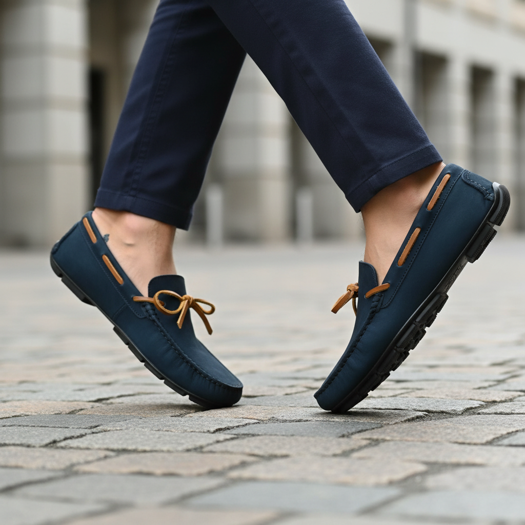 Close-up mocasines náuticos caminando