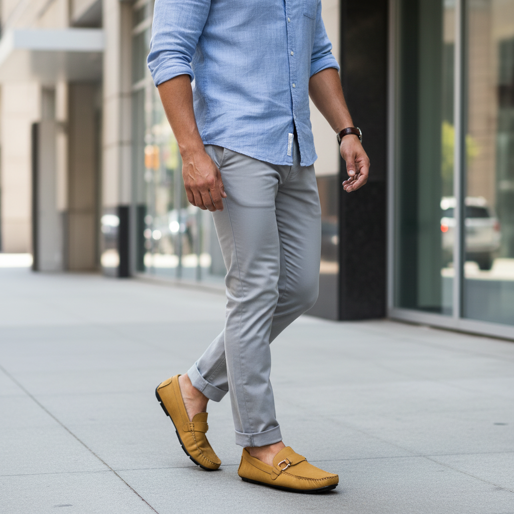Hombre caminando ciudad con mocasines mostaza