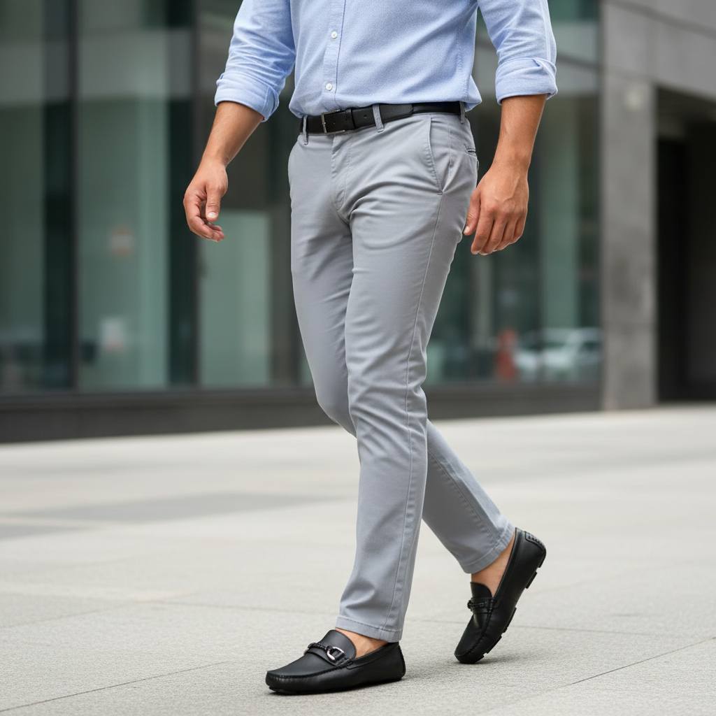 Hombre caminando ciudad con mocasines negros