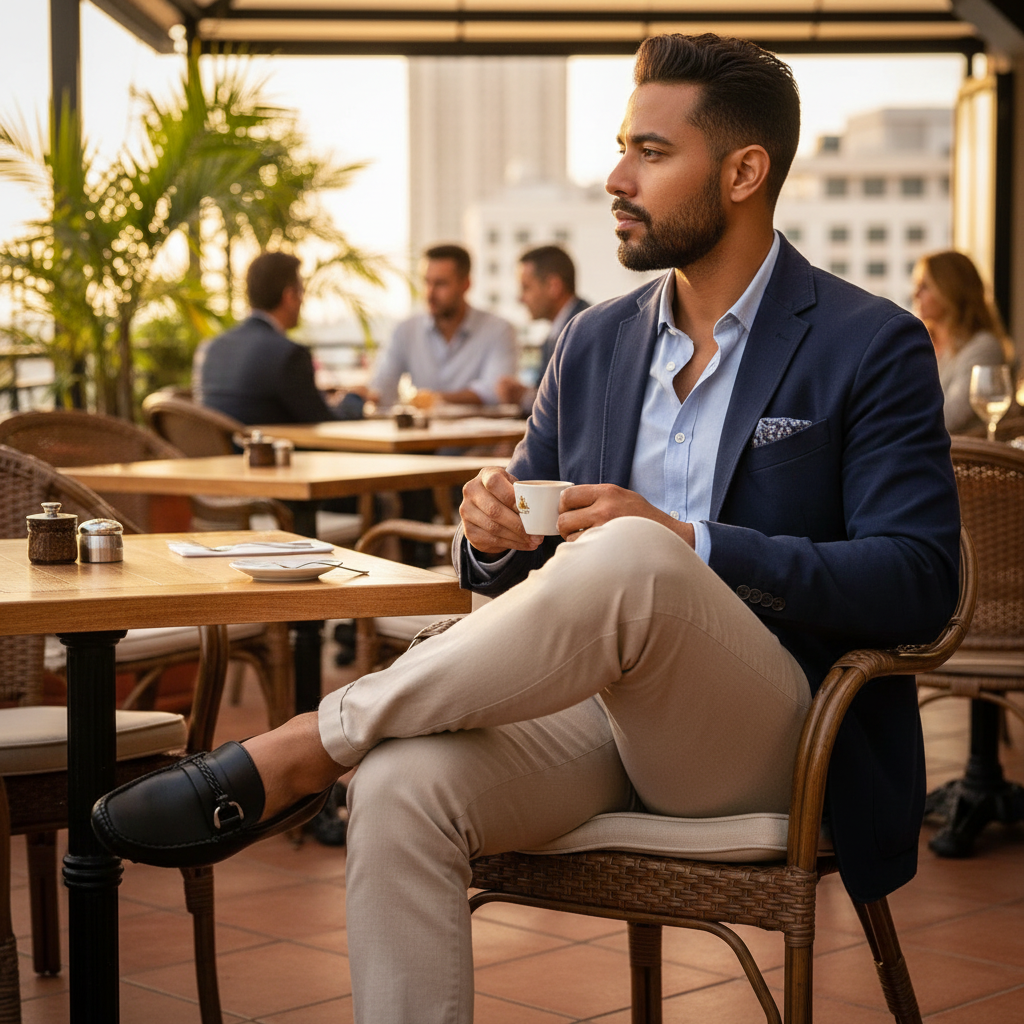 Hombre en café con mocasines negros