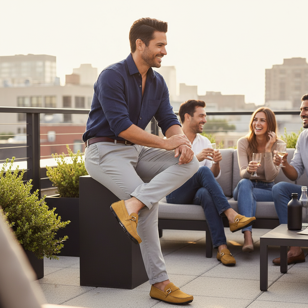 Hombre en terraza con amigos