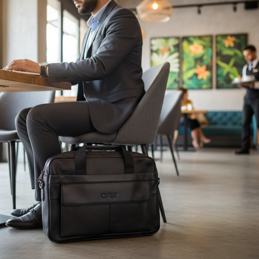 Maletín Atlas negro en restaurante