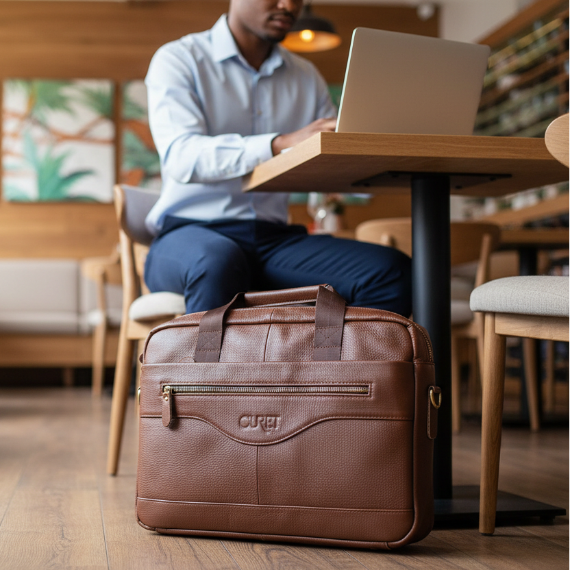 Maletín Orizon marrón en restaurante