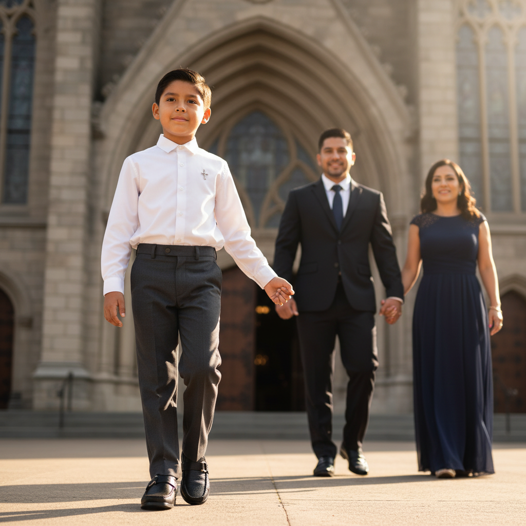 Niño camino a iglesia con familia