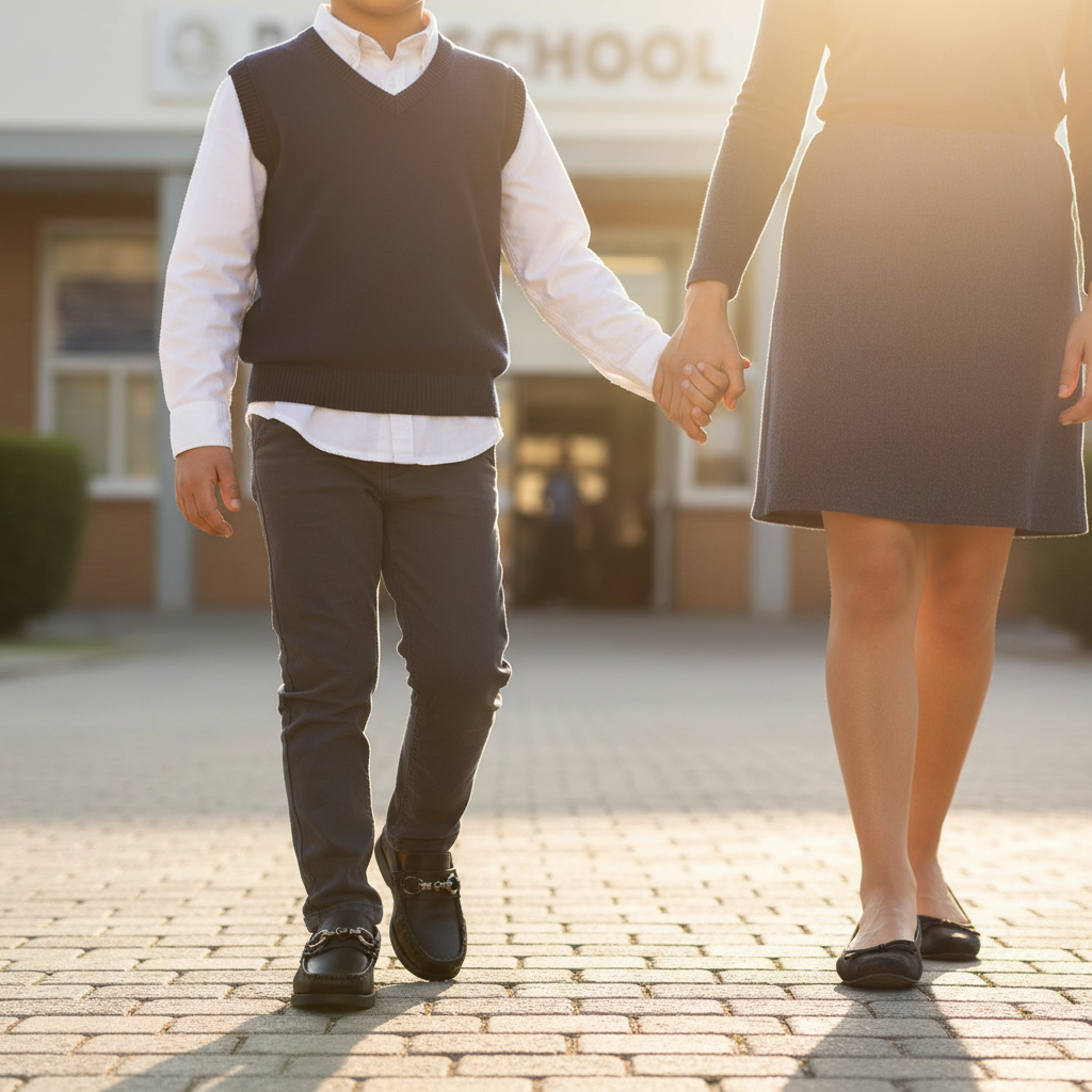 Niño con mamá camino a la escuela