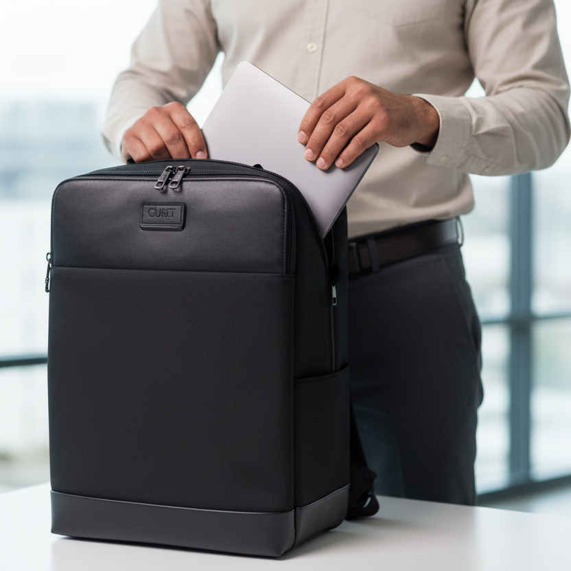 Opening backpack and removing laptop