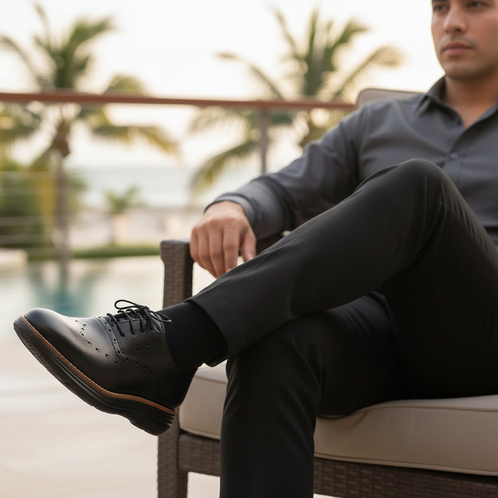 Oxford Elevan Negro — #12 Close-Up Sentado Exterior CORREGIDA
