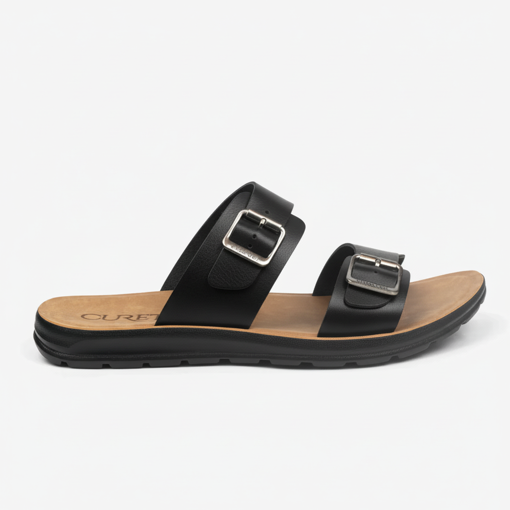 Sandalia negra con hebillas - cuero negro nítido