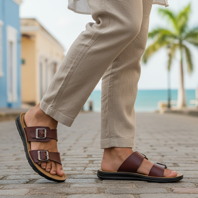 Sandalias marrones con hebillas caminata urbana