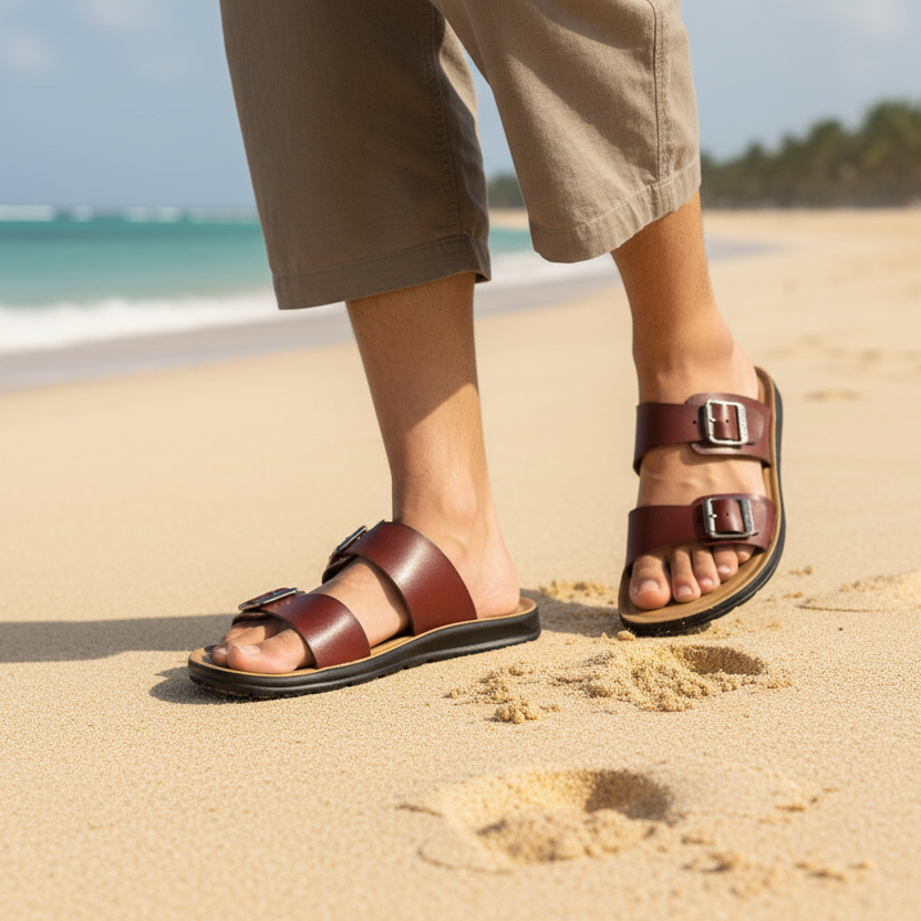Sandalias marrones con hebillas en la playa