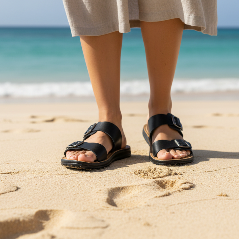 Sandalias negras nuevo modelo en la playa