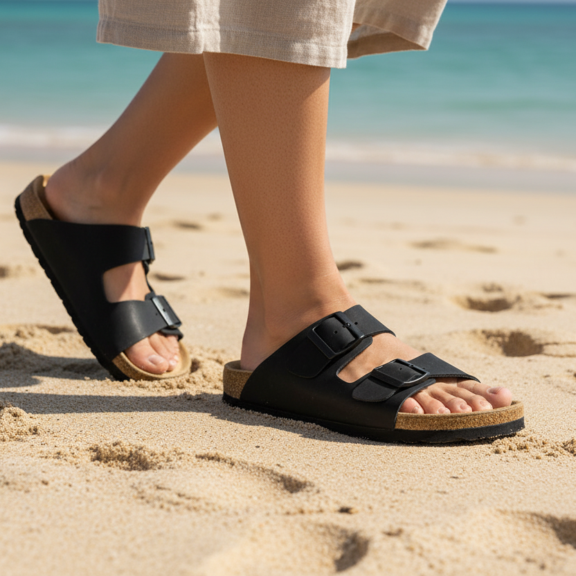 Sandalias Terra negras en la playa