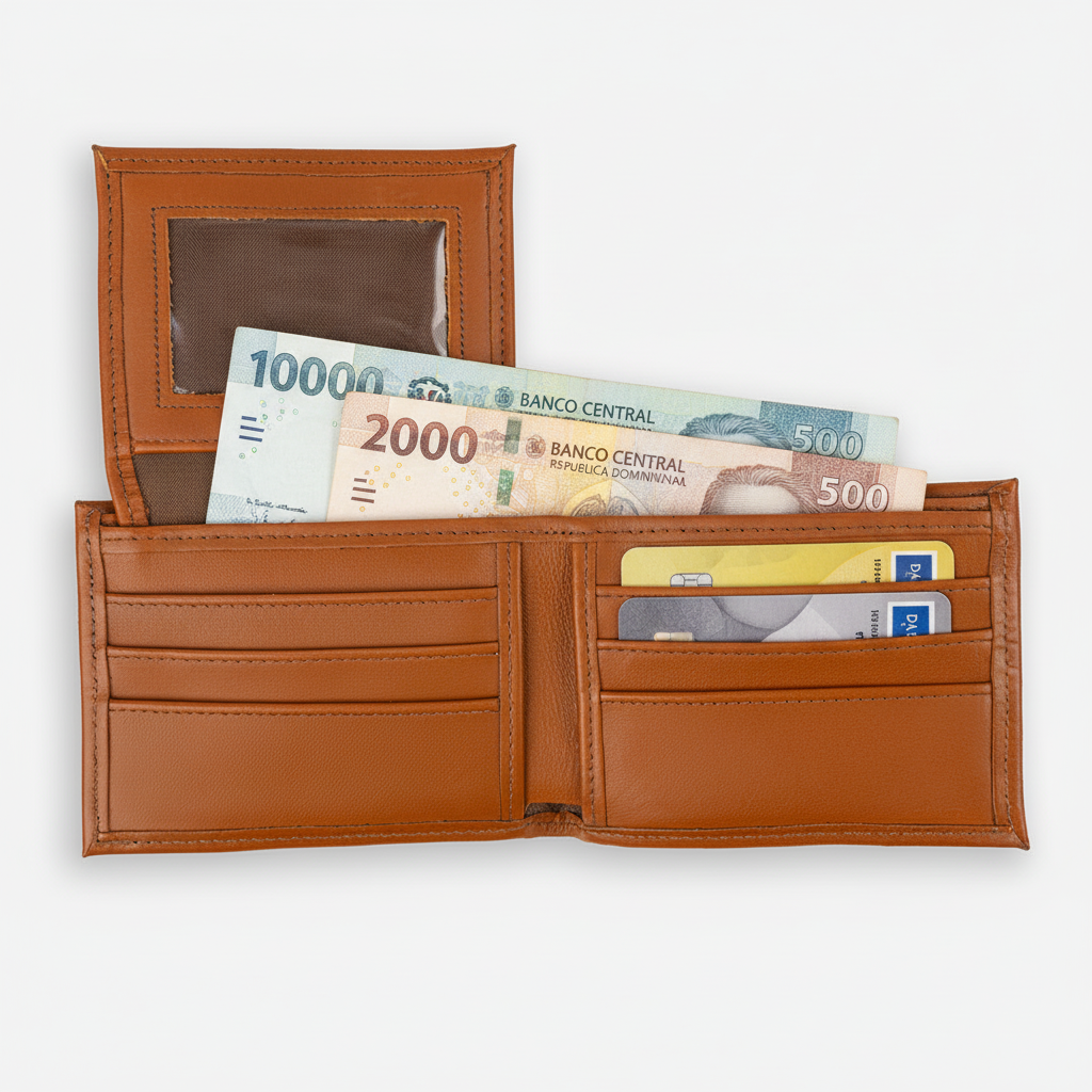 Billetera BiFold Flip-up café - Abierta con pesos