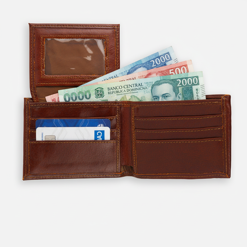 Billetera BiFold Flip-up marrón - Abierta con pesos