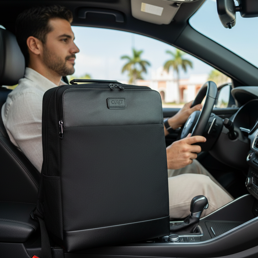 Car interior with backpack