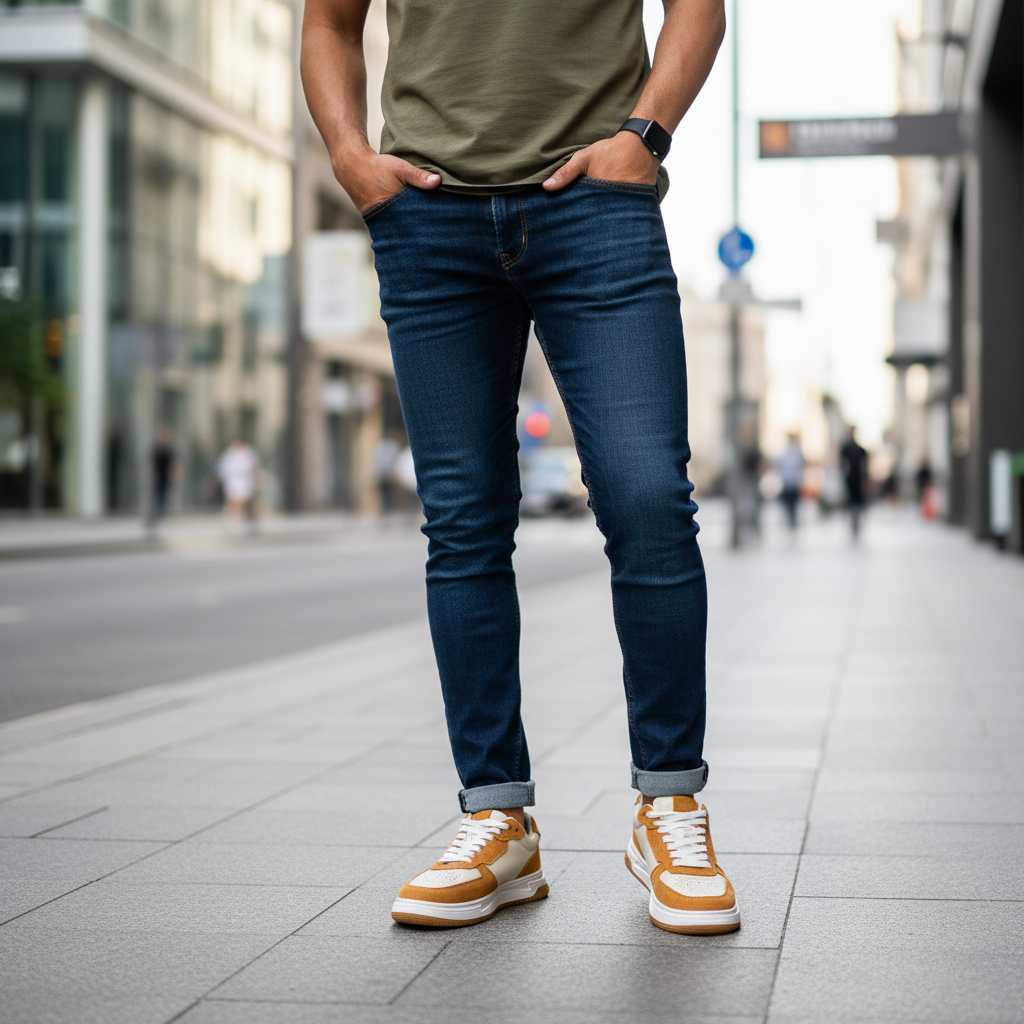 Dark Blue Jeans Olive Tee