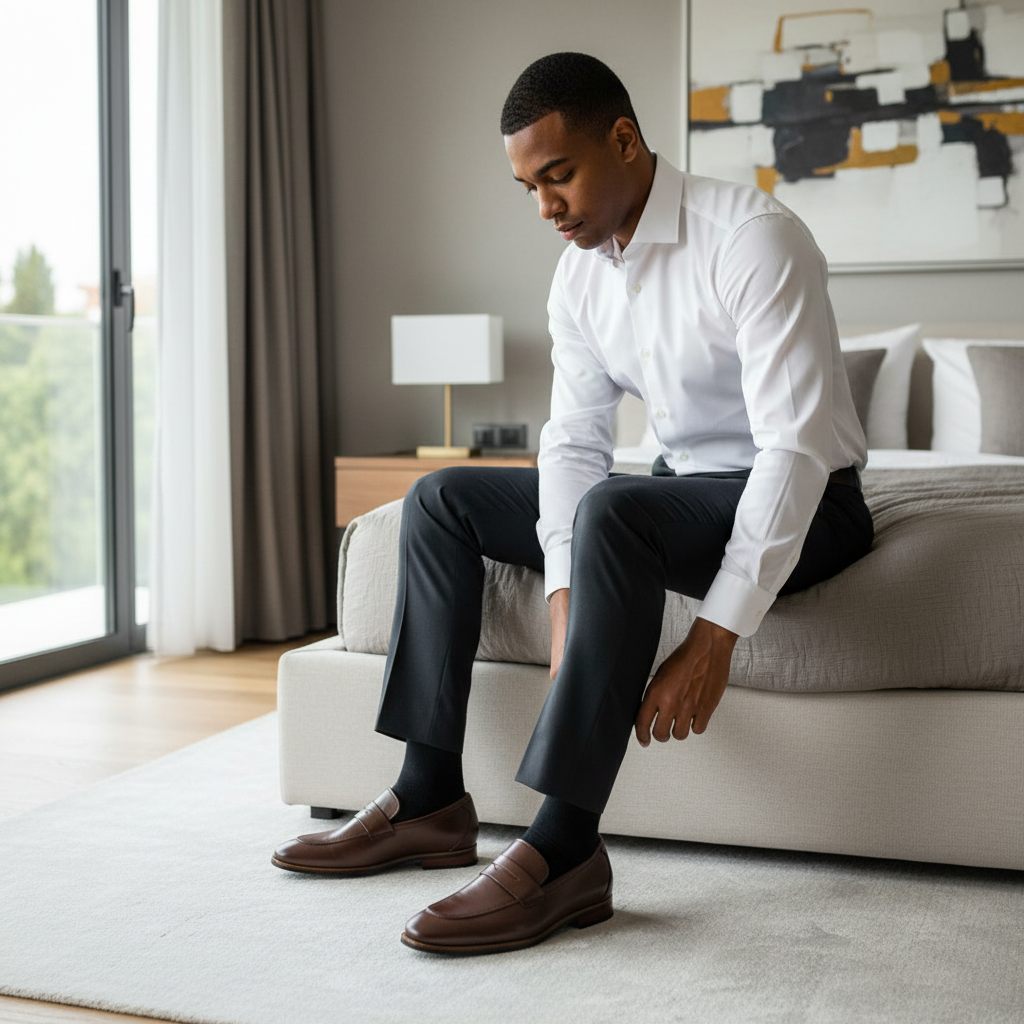 En la cama vistiéndose