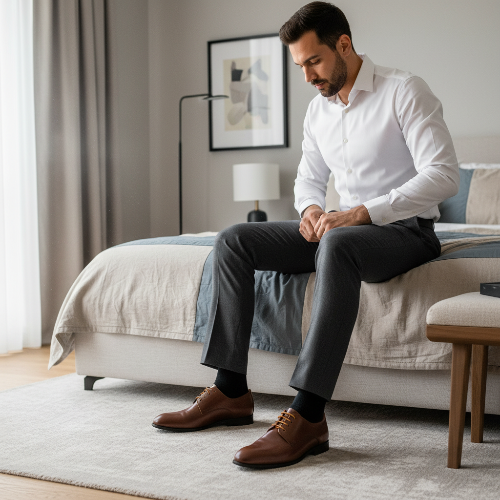 En la cama vistiéndose