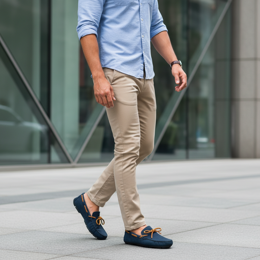 Hombre caminando ciudad con mocasines náuticos