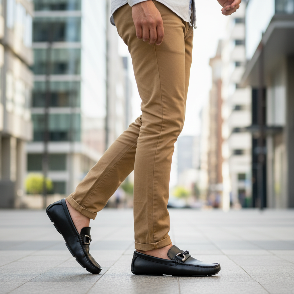 Hombre caminando ciudad con mocasines negros