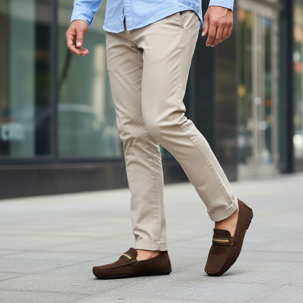 Hombre caminando ciudad con mocasines