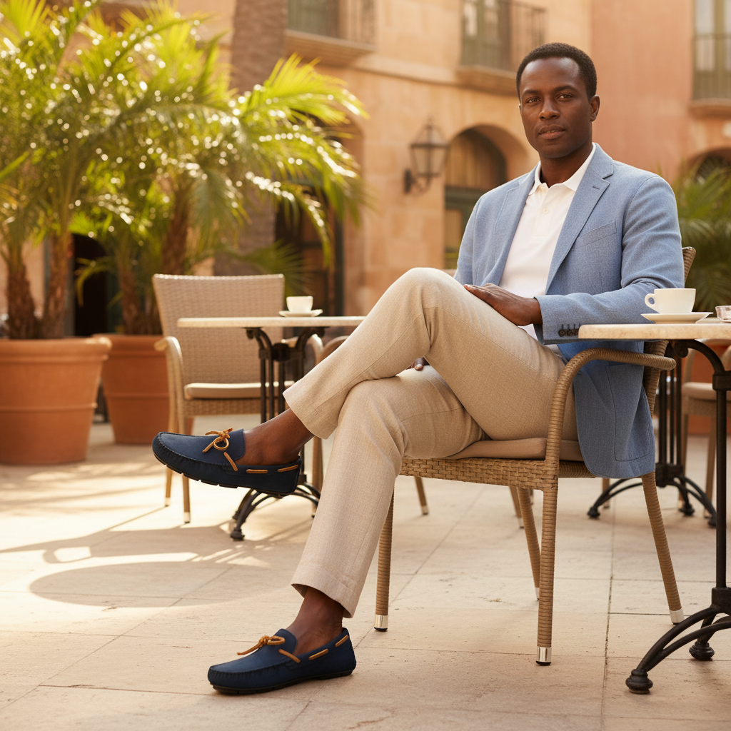 Hombre en café con mocasines náuticos
