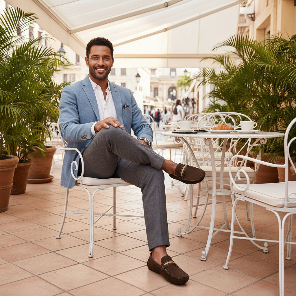 Hombre en café con mocasines