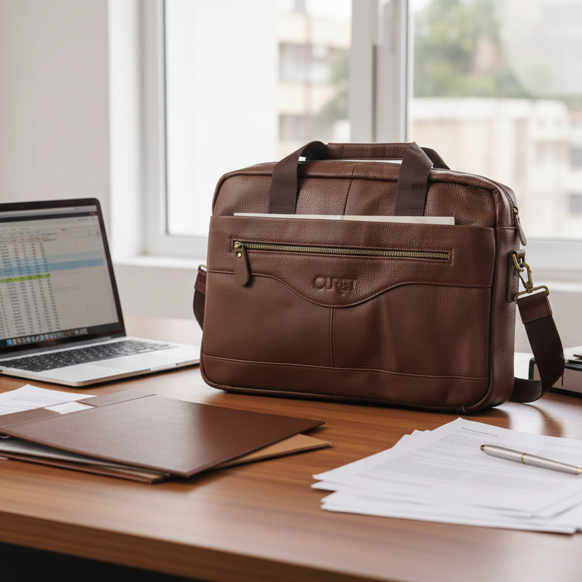 Maletín Orizon marrón en oficina