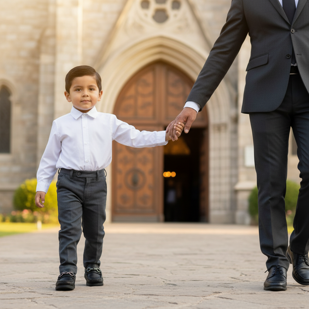 Niño camino a iglesia con familia