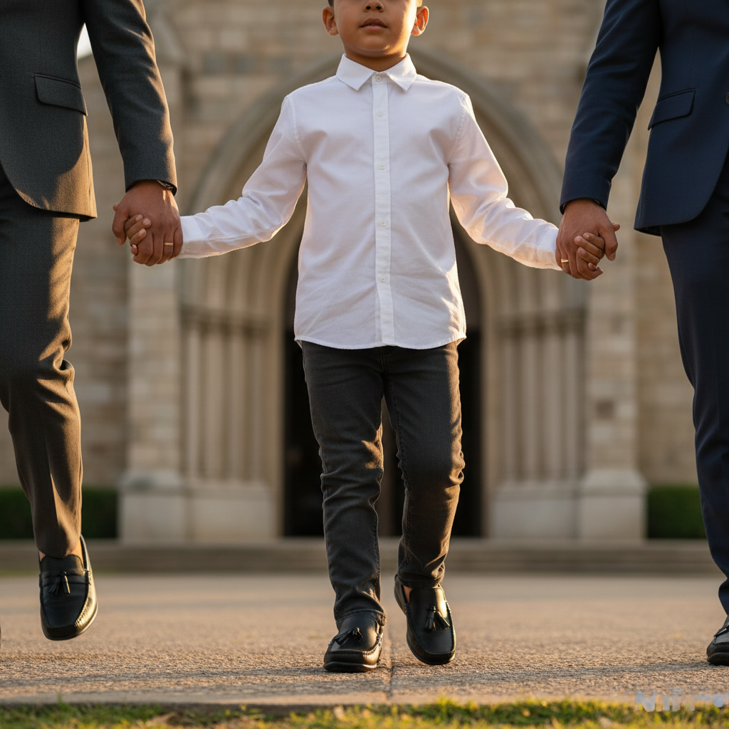 Niño camino a iglesia con familia