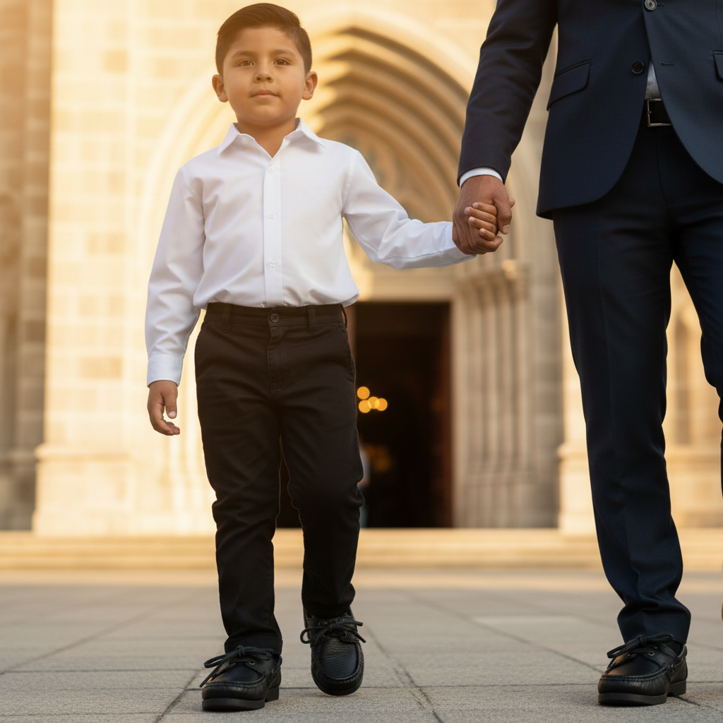 Niño camino a iglesia con familia
