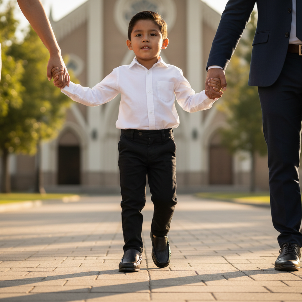 Niño camino a iglesia con familia